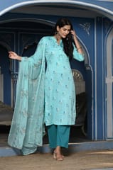 Firozi Color Printed Jam Cotton Shirt with Cotton Bottom and Printed Chinon Chiffon Dupatta