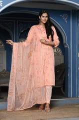 Peach Color Printed Jam Cotton Shirt with Cotton Bottom and Printed Chinon Chiffon Dupatta