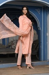 Peach Color Printed Jam Cotton Shirt with Cotton Bottom and Printed Chinon Chiffon Dupatta