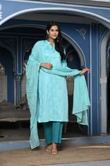 Firozi Color Printed Jam Cotton Shirt with Cotton Bottom and Printed Chinon Chiffon Dupatta