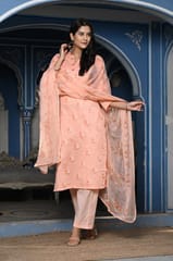 Peach Color Printed Jam Cotton Shirt with Cotton Bottom and Printed Chinon Chiffon Dupatta