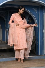 Peach Color Printed Jam Cotton Shirt with Cotton Bottom and Printed Chinon Chiffon Dupatta