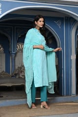 Firozi Color Printed Jam Cotton Shirt with Cotton Bottom and Printed Chinon Chiffon Dupatta