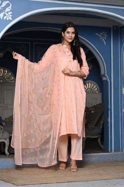 Peach Color Printed Jam Cotton Shirt with Cotton Bottom and Printed Chinon Chiffon Dupatta