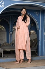 Peach Color Printed Jam Cotton Shirt with Cotton Bottom and Printed Chinon Chiffon Dupatta