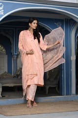 Peach Color Printed Jam Cotton Shirt with Cotton Bottom and Printed Chinon Chiffon Dupatta