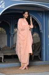 Peach Color Printed Jam Cotton Shirt with Cotton Bottom and Printed Chinon Chiffon Dupatta