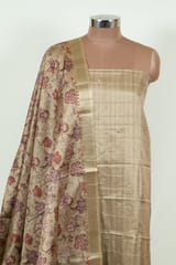 Fawn Color Print with Embroidered Dupion Silk Shirt with Bottom and Printed Silk Dupatta