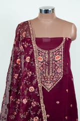 Wine Color Embroidered Viscose Organza Shirt with Bottom and Embroidered Viscose Organza Dupatta