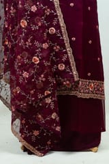 Wine Color Embroidered Viscose Organza Shirt with Bottom and Embroidered Viscose Organza Dupatta