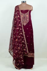 Wine Color Embroidered Viscose Organza Shirt with Bottom and Embroidered Viscose Organza Dupatta