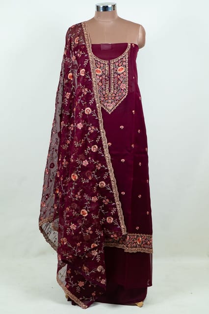 Wine Color Embroidered Viscose Organza Shirt with Bottom and Embroidered Viscose Organza Dupatta