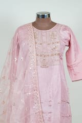 Onion Pink Color Embroidered Dola Silk Shirt with Pant and Embroidered Organza Dupatta