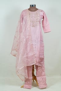 Onion Pink Color Embroidered Dola Silk Shirt with Pant and Embroidered Organza Dupatta