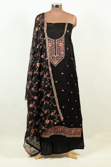 Black Color Embroidered Viscose Organza Shirt with Bottom and Embroidered Viscose Organza Dupatta