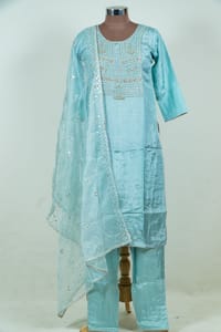 Sky Blue Color Embroidered Dola Silk Shirt with Pant and Embroidered Organza Dupatta