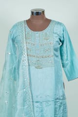 Sky Blue Color Embroidered Dola Silk Shirt with Pant and Embroidered Organza Dupatta