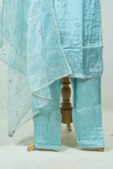 Sky Blue Color Embroidered Dola Silk Shirt with Pant and Embroidered Organza Dupatta