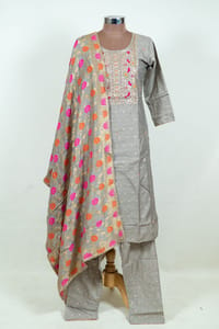 Grey Color Embroidered Chanderi Jacquard Shirt with Pant and Banarsi Dupatta