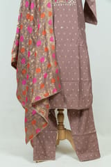 Light Brown Color Embroidered Chanderi Jacquard Shirt with Pant and Banarsi Dupatta