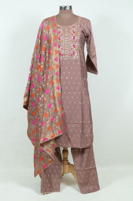 Light Brown Color Embroidered Chanderi Jacquard Shirt with Pant and Banarsi Dupatta