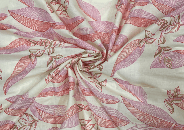 Printed Cotton Cambric Cream Pink Leaves