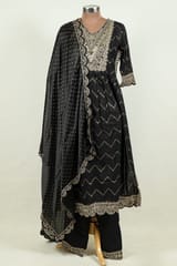 Black Color Rayon Cotton Embroidered Shirt with Bottom and Chinon Chiffon Embroidered Dupatta