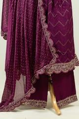 Wine Color Rayon Cotton Embroidered Shirt with Bottom and Chinon Chiffon Embroidered Dupatta