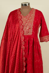 Red Color Rayon Cotton Embroidered Shirt with Bottom and Chinon Chiffon Embroidered Dupatta