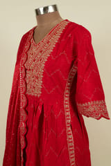 Red Color Rayon Cotton Embroidered Shirt with Bottom and Chinon Chiffon Embroidered Dupatta