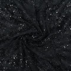 Black Color Net Hand Embroidered Fabric