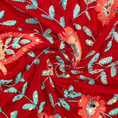 Red Color Velvet Embroidered Fabric