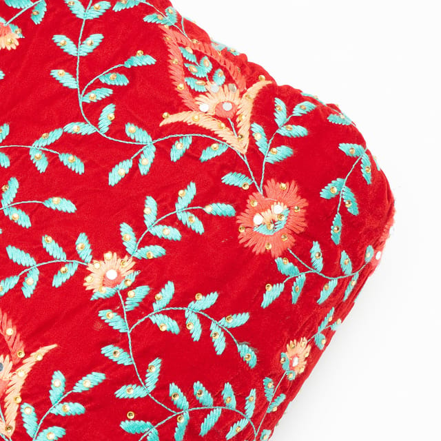 Red Color Velvet Embroidered Fabric