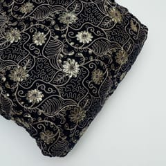 Navy Blue Color Velvet Embroidered Fabric