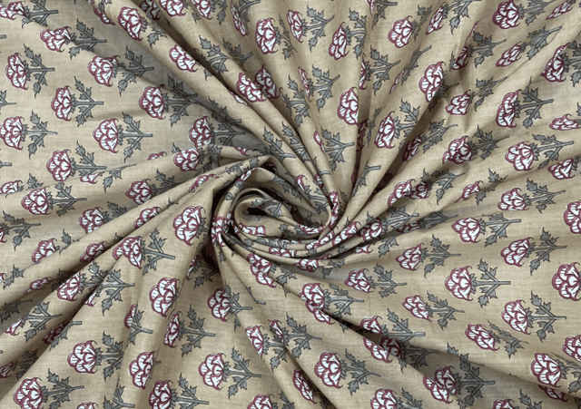 Printed Cotton Cambric Beige White Flowers