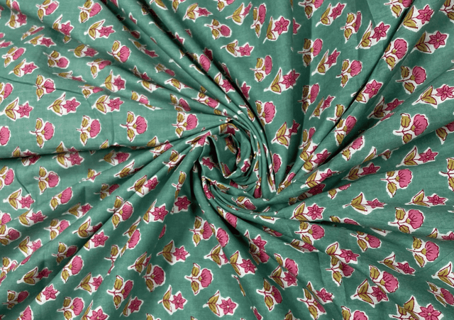 Printed Cotton Cambric Sea Green Pink Flowers