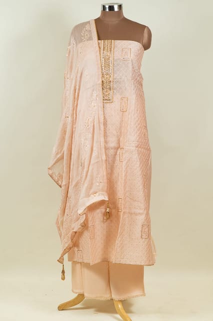 Peach Color Chanderi Hand Embroidered Shirt with Bottom and Chiffon Embroidered Dupatta