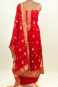 Red Color Viscose Organza Banarsi hand Embroidered Shirt with Bottom and Banarsi Organza Dupatta