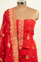 Red Color Viscose Organza Banarsi hand Embroidered Shirt with Bottom and Banarsi Organza Dupatta