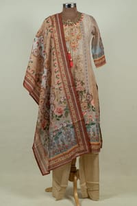 Fawn Color Chanderi Print with Embroidered Shirt with Bottom and Chanderi Printed Dupatta