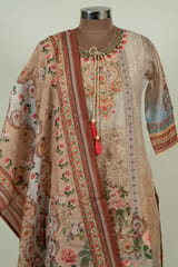 Fawn Color Chanderi Print with Embroidered Shirt with Bottom and Chanderi Printed Dupatta