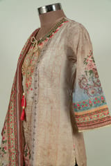 Fawn Color Chanderi Print with Embroidered Shirt with Bottom and Chanderi Printed Dupatta