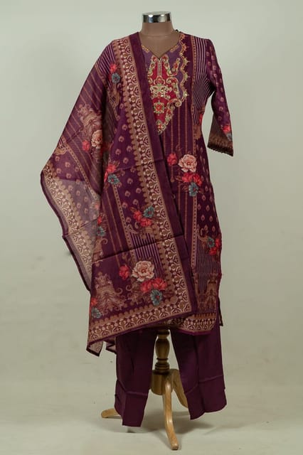 Wine Color Chanderi Print with Embroidered Shirt with Bottom and Chanderi Printed Dupatta