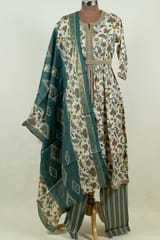 Cream Color Modal Chanderi Print with Embroidered Shirt with Bottom and Chanderi Printed Dupatta