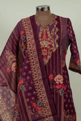 Wine Color Chanderi Print with Embroidered Shirt with Bottom and Chanderi Printed Dupatta