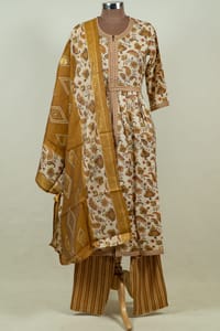 Cream Color Modal Chanderi Print with Embroidered Shirt with Bottom and Chanderi Printed Dupatta