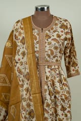 Cream Color Modal Chanderi Print with Embroidered Shirt with Bottom and Chanderi Printed Dupatta