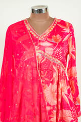 Majenta Color Chinon Chiffon Print with Embroidered Shirt with Bottom and Chiffon Embroidered Dupatta