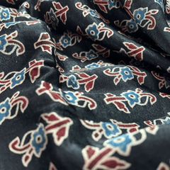 Black Floral Printed Mashru Ajrakh Silk Fabric