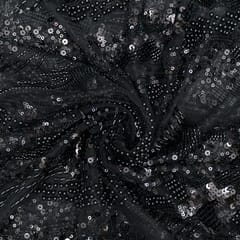 Black Color Net Hand Embroidered Fabric